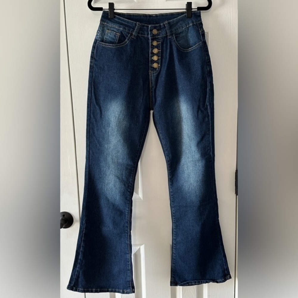 High-Waisted Flare Jeans with Button Fly – Dark Wash, Size M